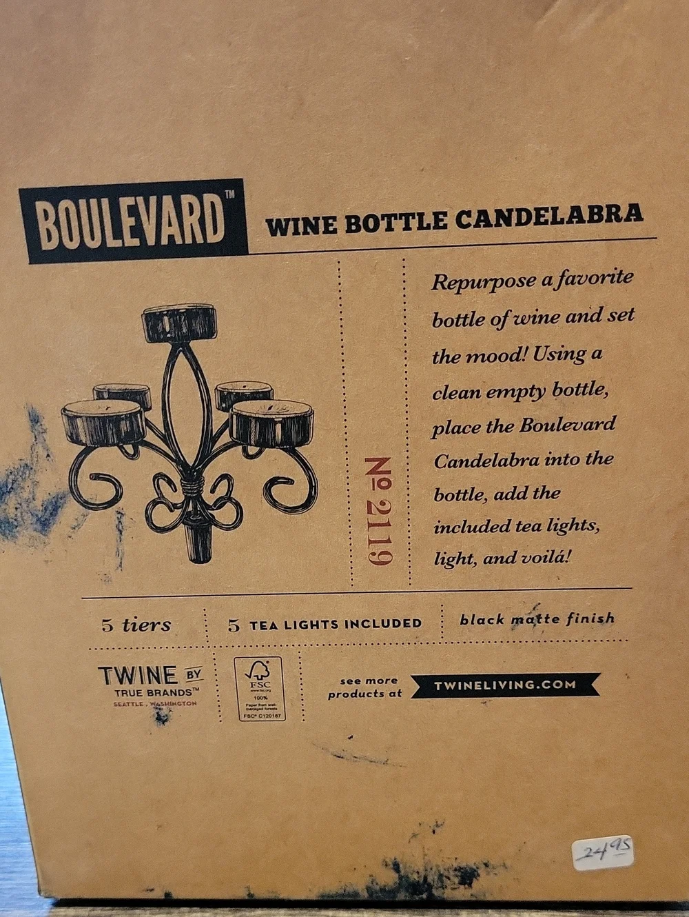 Boulevard Wine Bottle Candelabra,New W/ Tags,Black Matte Fin.,5 Tier